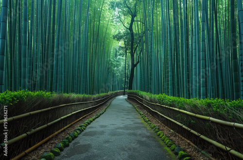 A serene scene of the Arashiyama bamboo forest in Kyoto  Japan with its tall green trees and winding paths leading through it. Created with Ai