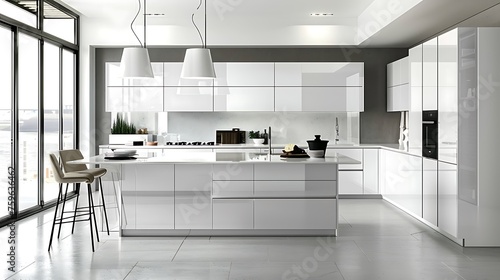 Modern style kitchen with high-gloss white cabinets paired with quartz countertops for a pristine aesthetic