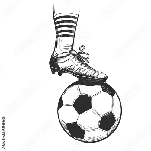 Sketch illustration of soccer player's foot on soccer ball. Engraving of boot and ball. Black and white vector illustration isolated on background for football championship poster, banner, card.