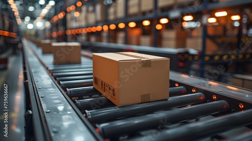 Efficient Logistics: Cardboard Package Glides on Conveyor Belt in Modern Distribution Warehouse
