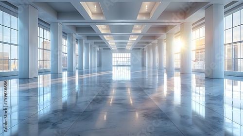 Empty Modern Office Interior Bathed in Sunlight with Reflective Marble Floors