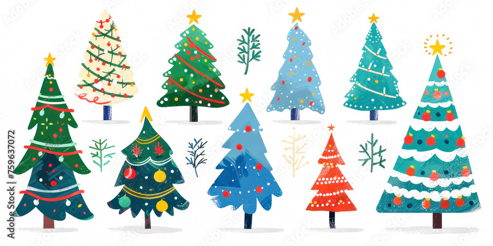 Obraz premium Collection of Christmas trees. Colorful illustration in flat cartoon style.