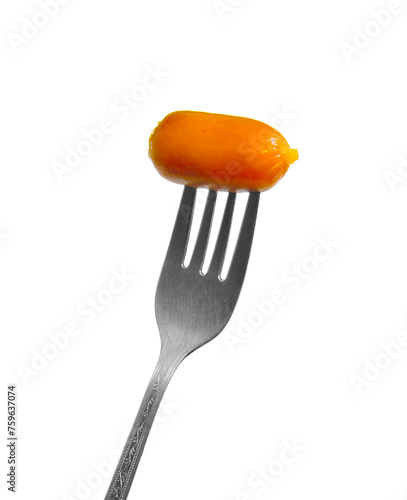 Nicked sausage on old fork isolated . PNG