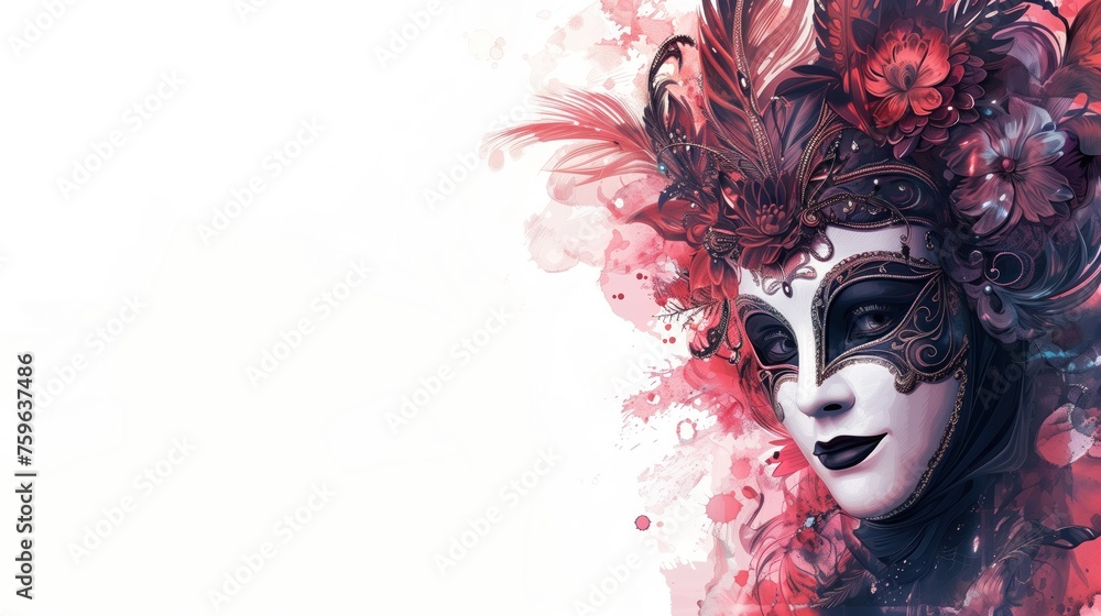 A white and magenta venetian masquerade mask on a white background. Suitable for a header or invitation with room for text, copy space. A white and magenta venetian masquerade mask on a white background. Suitable for a header or invitation with room for text, copy space.