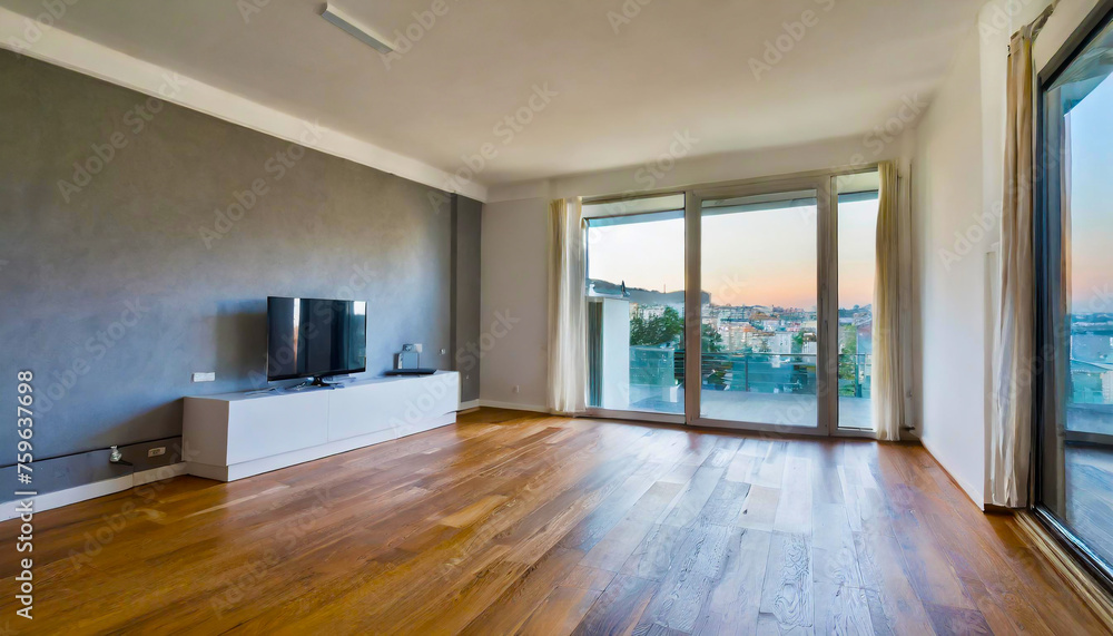 Fototapeta premium Empty living room with hardwood floor in modern apartment
