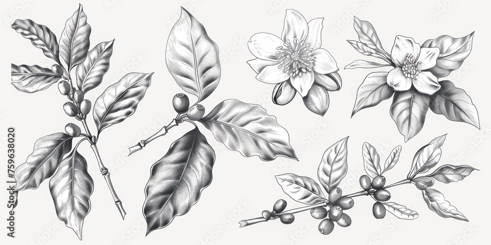 Fototapeta premium Set of coffee tree branches with flower, leaves and beans. Botanical drawing, sketch.