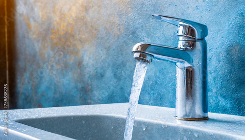 Water tap , faucet. Flow water in bathroom with sink. Modern clean house. Background hygiene