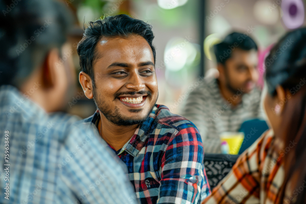 Young Indian businessman sitting at table in office and talking with colleagues. Young Indian businessman sitting at table in office and talking with colleagues.