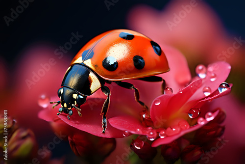 Ladybug on a dew-kissed petal.A vivid macro shot of a ladybug making its way across a dewy flower petal, offering a stunning contrast of colors and a glimpse into the tiny wonders of nature. 