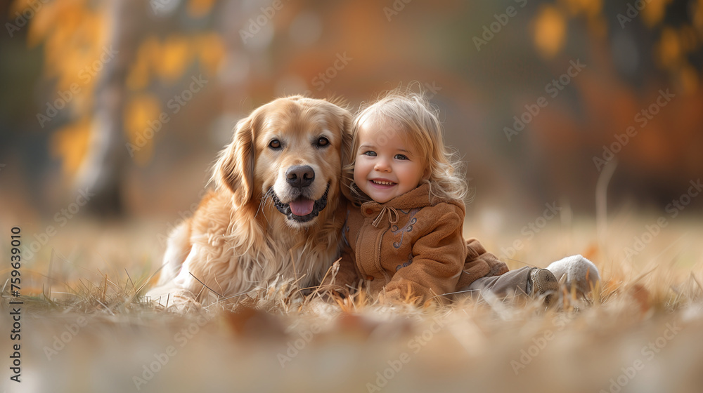 A Golden Retriever and a Child together, both are happy and smiling. Generative AI.