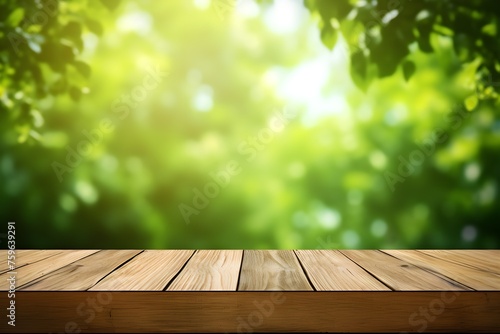 A wood table top with beautiful blue bokeh background. Spring seasonal concept © Sadia Rana