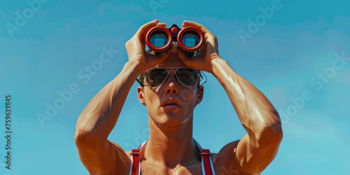 A focused portrayal of a dedicated lifeguard on duty, using binoculars to keep an eye on beachgoers against a blue sky backdrop