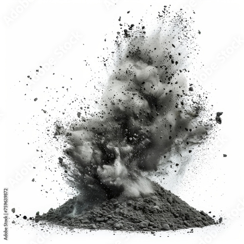 Dynamic simulation of a volcanic explosion, capturing the force and motion of erupting debris on a white background.