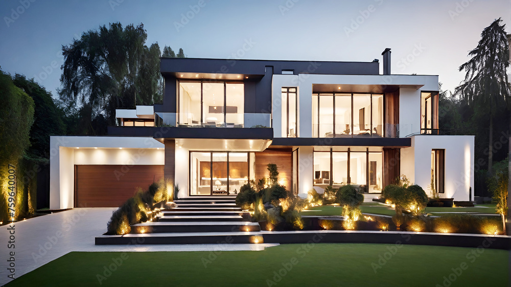 Luxurious modern house exterior house illuminated by elegant lighting and garden in the evening. Luxurious modern house exterior house illuminated by elegant lighting and garden in the evening.