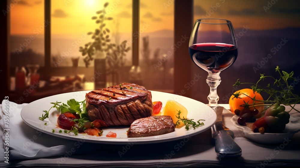 A Portrait of a juicy Beef Filet Steak next to sides, WIne on the Table. Cozy and warm atmosphere