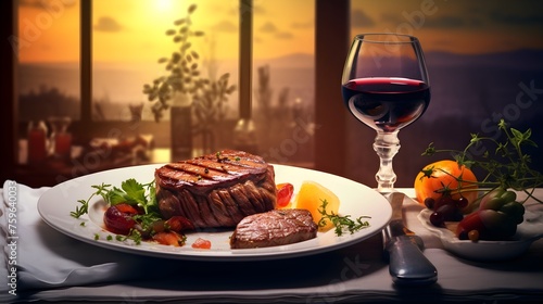 A Portrait of a juicy Beef Filet Steak next to sides  WIne on the Table. Cozy and warm atmosphere