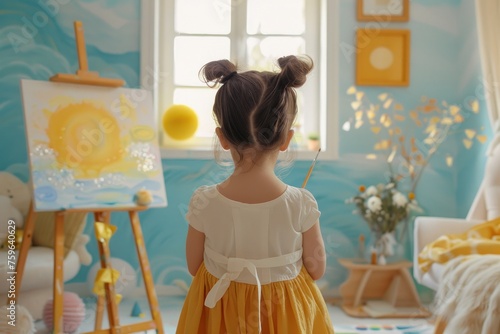 An eight-year-old girl paints on an easel in her bright, modern nursery. She ...