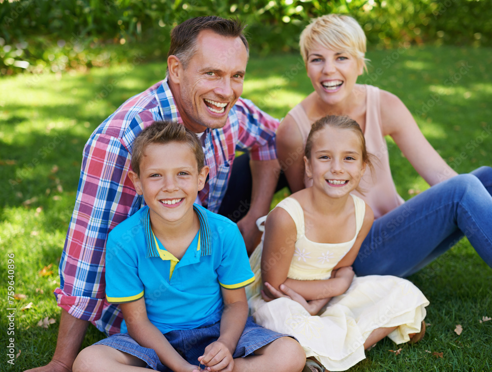 Garden, grass and relax in portrait of happy family at home with care and love from parents for children. Mother, father and kids smile in backyard on holiday, vacation or together in summer on lawn Garden, grass and relax in portrait of happy family at home with care and love from parents for children. Mother, father and kids smile in backyard on holiday, vacation or together in summer on lawn