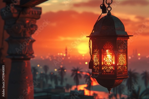 a ramadan lantern lights up a cityscape