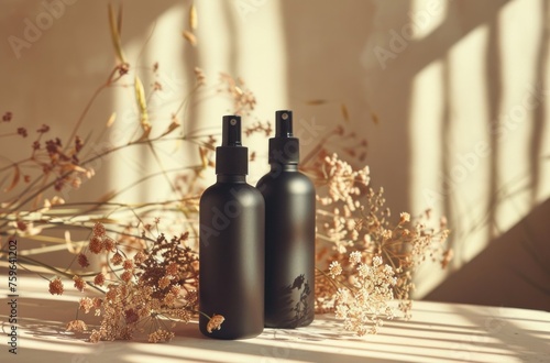 two black bottles and dried flowers on a table on beige