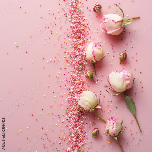 International Women's Day. A top-down image featuring pink peony rosebuds and...