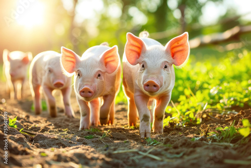 Funny little piglets walk in nature. A group of cute pink piglets in the pen with sunlight in the background