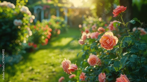 Beautiful bright background of a summer garden with a flowering rose bush