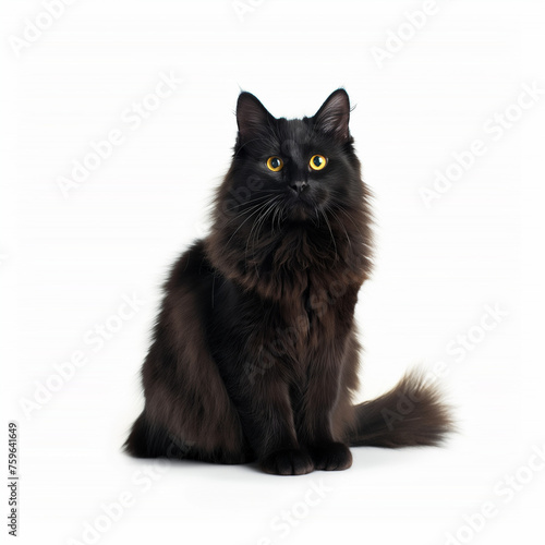 black cat long hair on white background isolate