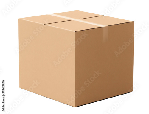 empty closed cardboard box mockup, png file of isolated cutout object with shadow on transparent background, Generative AI