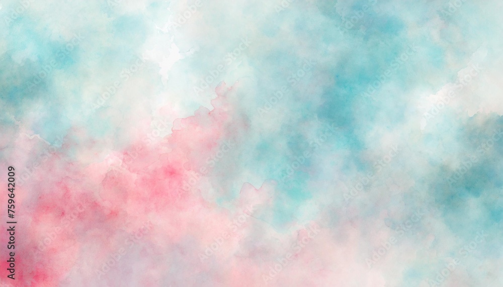 Artistic electric pink, azure and blue watercolor background with abstract cloudy sky concept. Grunge abstract paint splash artwork illustration. Beautiful abstract misty fog cloudscape wallpaper.