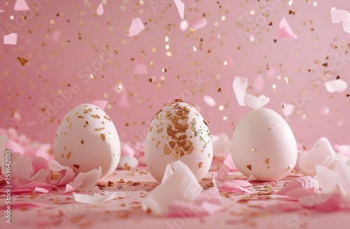 easter eggs and confetti arranged on a pale pink background