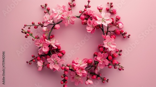 Flowers composition. Wreath made of pink flowers on pink background. Flat lay...