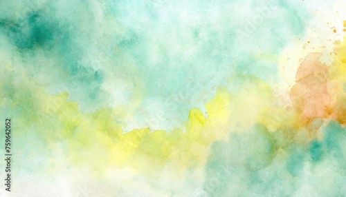 Artistic light teal, vermillion and yellow watercolor background with abstract cloudy sky concept. Grunge abstract paint splash artwork illustration. Beautiful abstract misty fog cloudscape wallpaper. photo