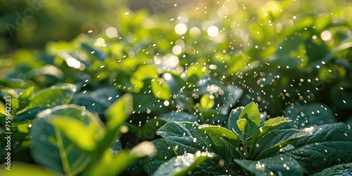 Spraying pesticide products on the green foliage of the shrub. Fine spray orate the plant, insect treatment. photo