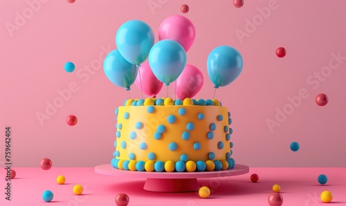 a colorful cake with blue and pink balloons on a pink table top