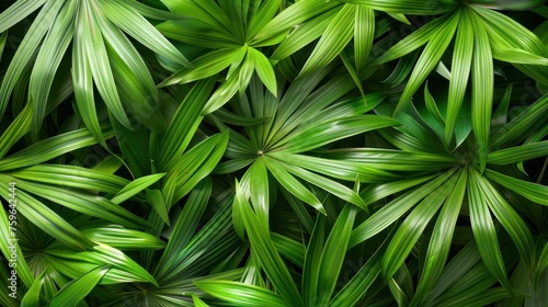 Abstract background of green palm leaves, flat lay