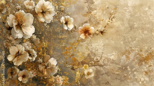 Abstract wallpaper adorned with blossoms covered in tarnished gold
