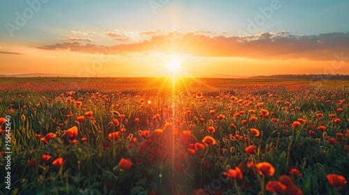 Beautiful field with poppies at sunset. There are poppy flowers below and gre...