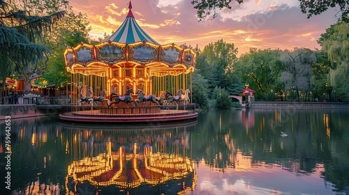Carousel in the park at sunset, carousel on the lake with reflection in water