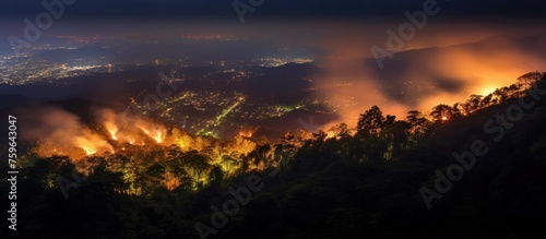 view from the top of the forest fire at night to the edge of town