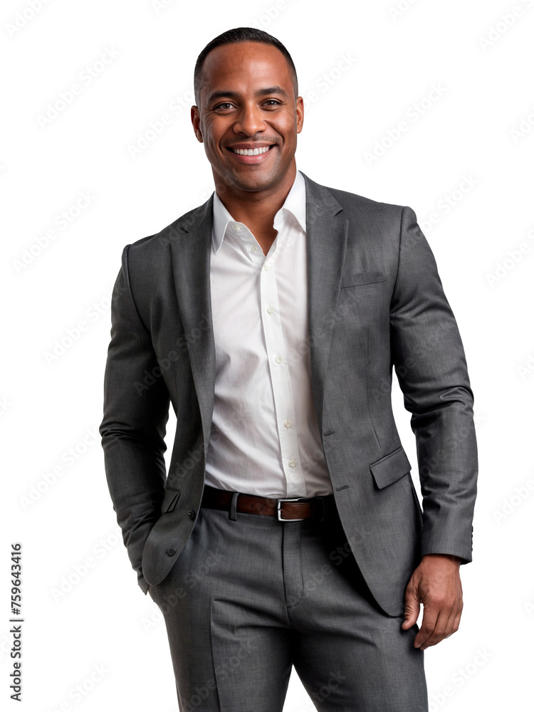 A man wearing a grey suit and white shirt, smiling with his hands in his pockets. A man wearing a grey suit and white shirt, smiling with his hands in his pockets.
