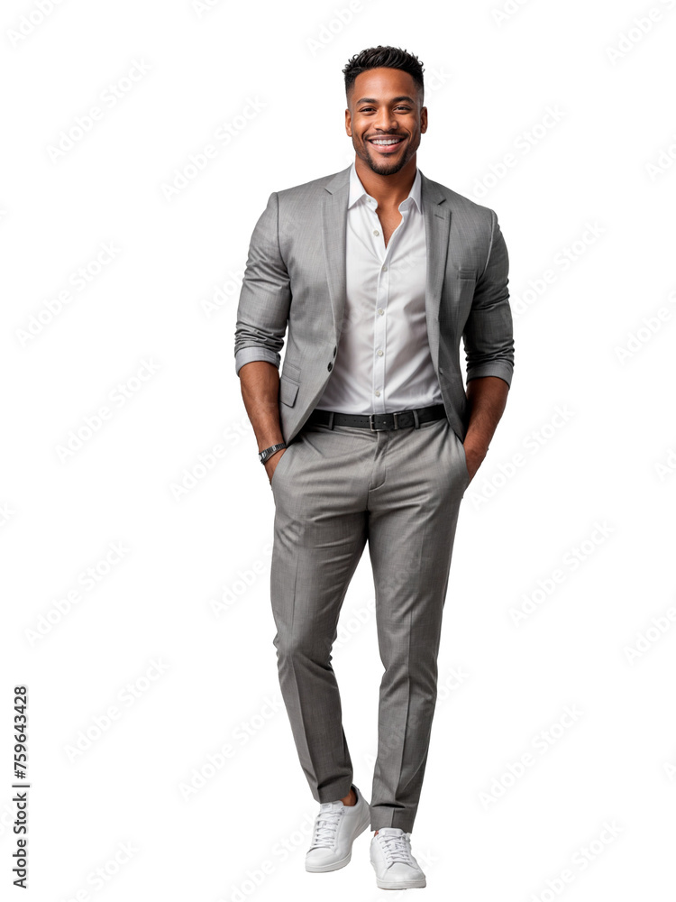 A man in a grey suit and white sneakers, smiling at the camera. A man in a grey suit and white sneakers, smiling at the camera.