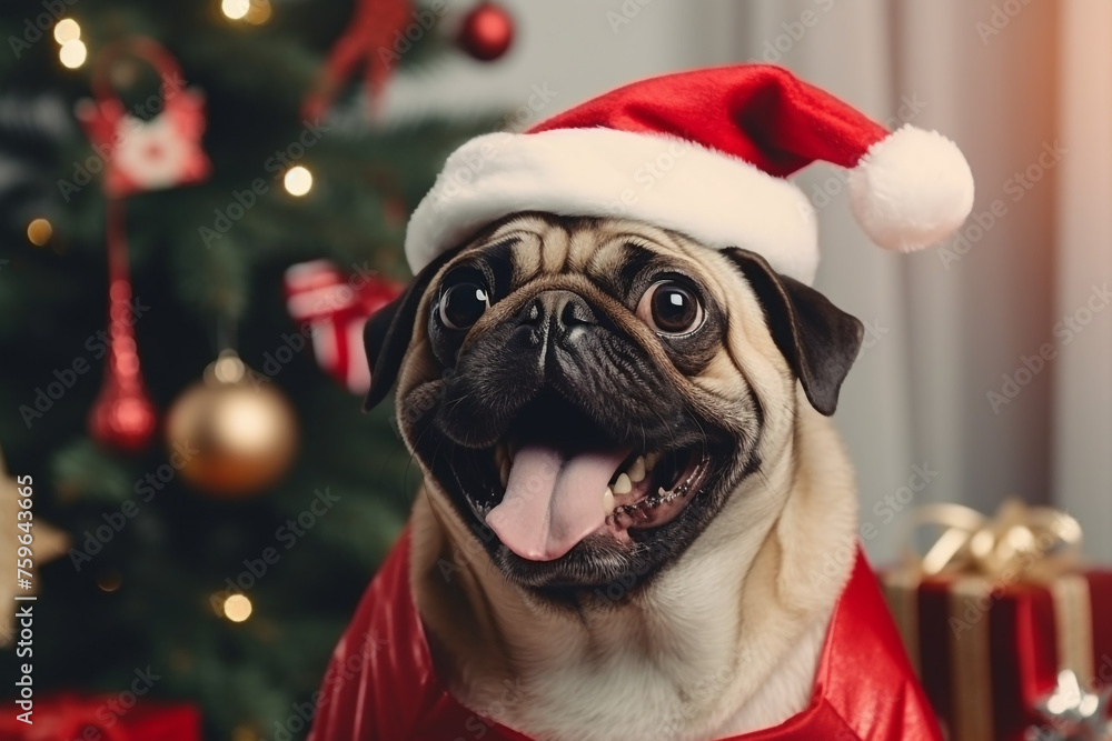 pug in a santa claus hat holds a gift in his teeth near the christmas tree at home in a modern light interior created with Generative Ai pug in a santa claus hat holds a gift in his teeth near the christmas tree at home in a modern light interior created with Generative Ai