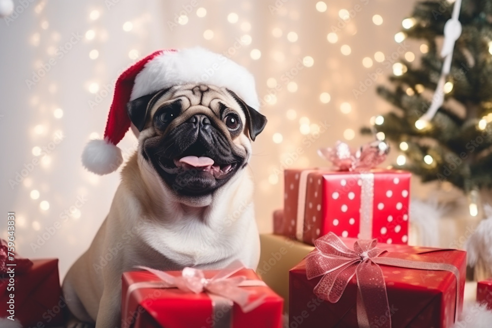 pug in a santa claus hat holds a gift in his teeth near the christmas tree at home in a modern light interior created with Generative Ai