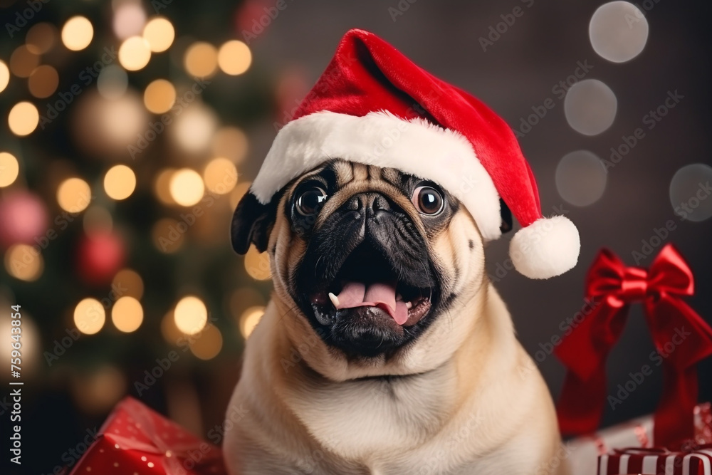 pug in a santa claus hat holds a gift in his teeth near the christmas tree at home in a modern light interior created with Generative Ai pug in a santa claus hat holds a gift in his teeth near the christmas tree at home in a modern light interior created with Generative Ai