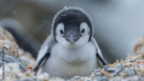 A baby penguin is standing on a rocky beach