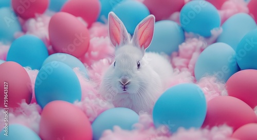 a white rabbit is standing in a crowd of pink and blue eggs
