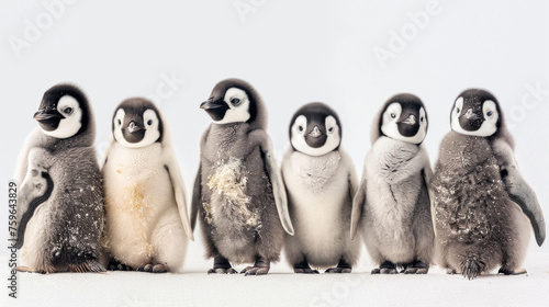 A group of penguins are standing in a row photo