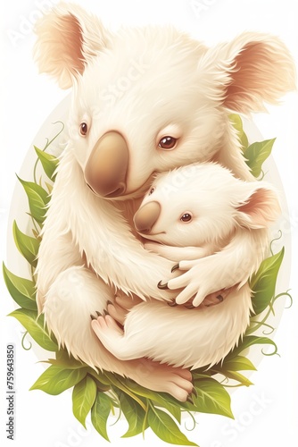 Mother koala hugs her baby, father and son, daughter, illustration about parents and children, on white background, cute animals for prints and decor  photo