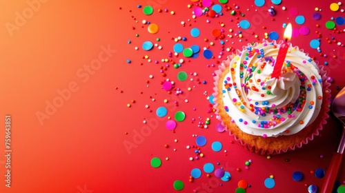 birthday minimalist vivid background with cupcake with candle